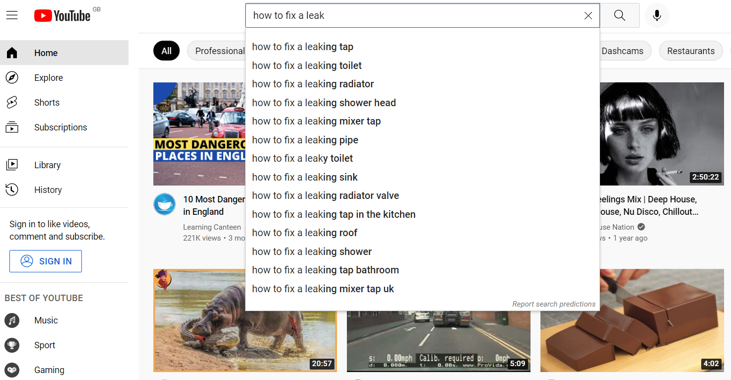 YouTube DIY search example