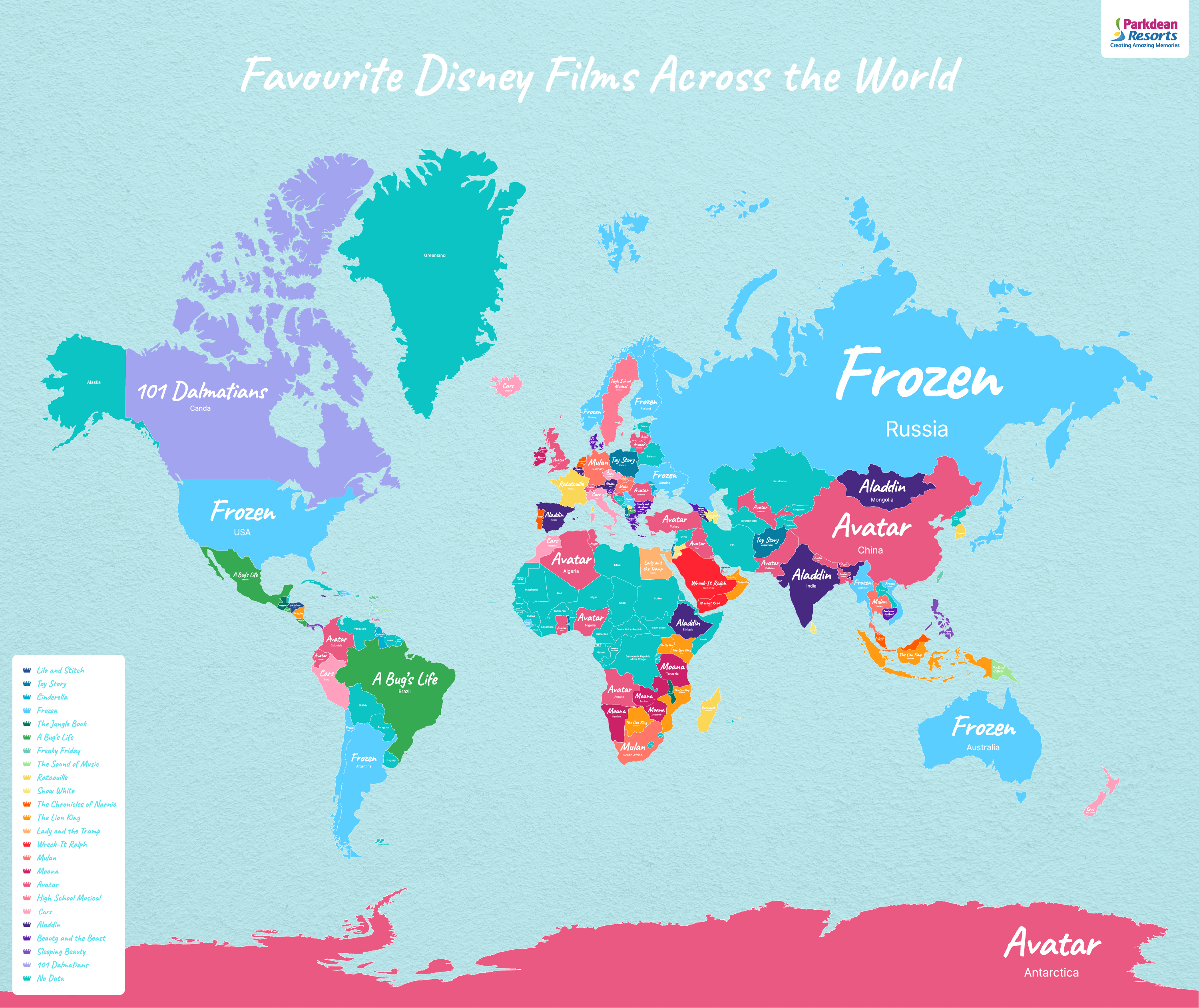 World map showing favourite Disney films by country - created by Park Dean Resorts