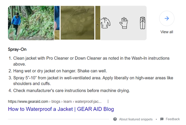 waterproof jacket featured snippet